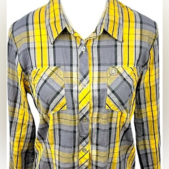 OBEY Women’s Plaid Lightweight Cotton Button Up Shirt Size L Yellow Streetwear - Picture 1 of 12